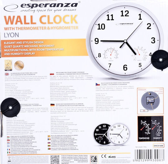Esperanza Lyon Ρολόι Τοίχου Πλαστικό Μαύρο Ø25cm