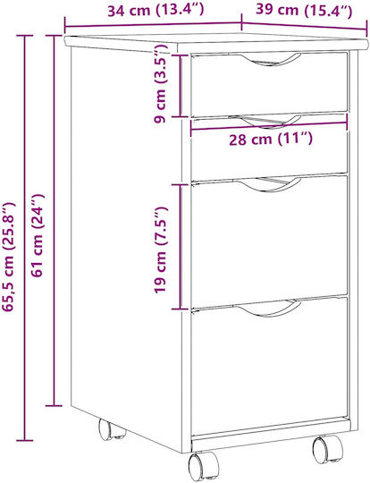 Office Storage Drawer from Solid Wood with Wheels Transparent Varnish 34x39x65.5cm
