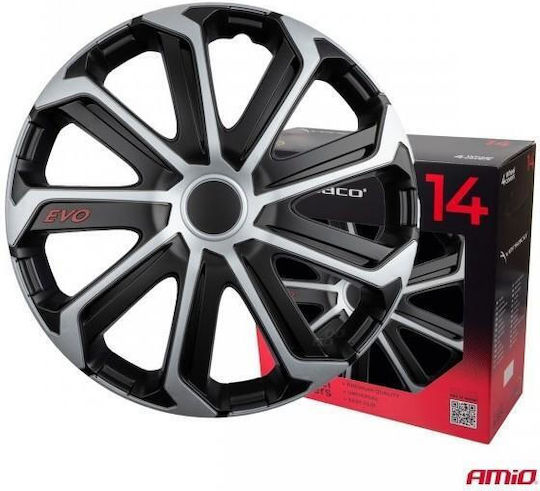 Amio Set Wheel Hubcaps 14 Inches Model Evo Black Silver Set 4 Pieces Box 9740/am