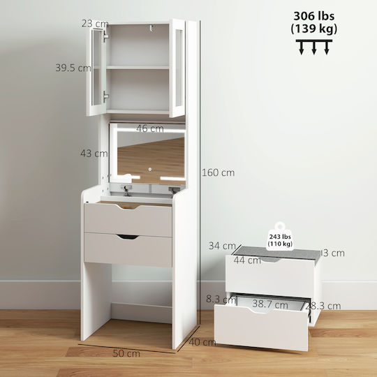 Bodenstehende Schminktisch Schlafzimmer Holz Weiß mit Spiegel & Hocker 50x40x160cm