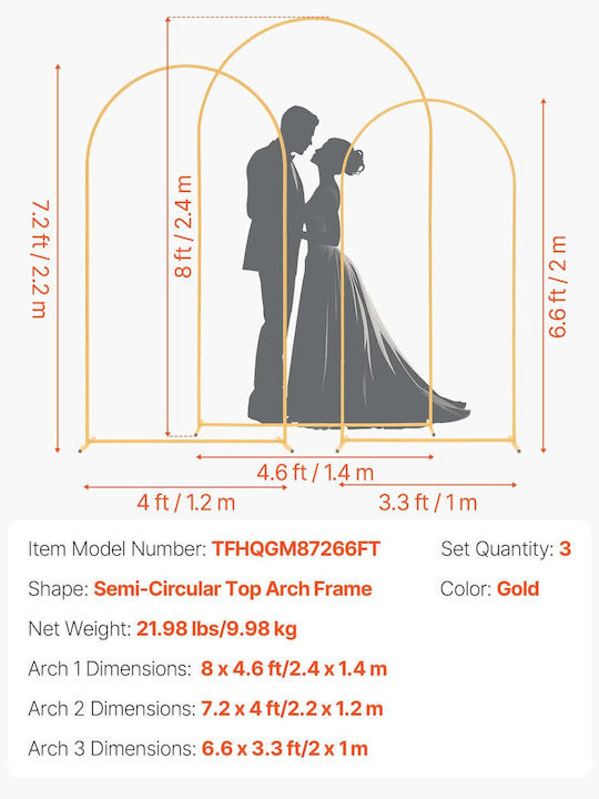 Vevor Set of 3 Gold Metal Arch Bases 2.4 2.2 2m Easy Assembly Stable Construction Events