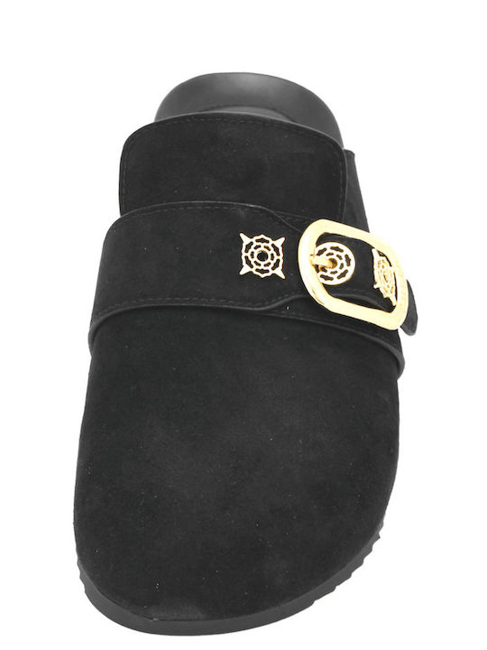 Flach Leder Mules in Schwarz Farbe