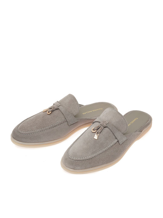 Flat Suede Mules in Gray Color
