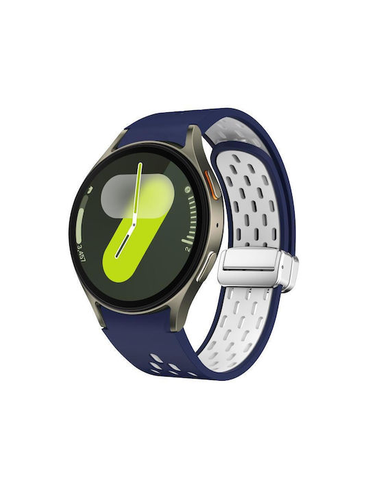 Samsung Galaxy Watch 7 40 44mm Δύο Χρώματα Μαγνητική Πτυσσόμενη Ασημένια Πόρπη Σιλικόνης Ζώνη Ρολογιού Μεσονυχτί Μπλε Λευκό