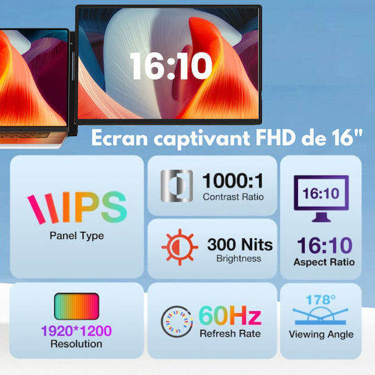 Monitor Portabil Extensibil Laptop Qova 16 Inch Extensie Ecran Dual Ips 1920x1200 Srgb 120% Ecran Mare 16:10 Compatibil Laptopuri 11.6"-17.3" Pliabil Compatibil Ios Android Windows Mac Usb-c Hdmi Port Plug Play