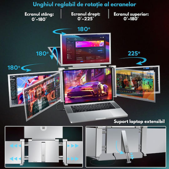Monitor Portabil Extensibil Pentru Laptop Qova Ecran Quad 14 Inch 3 Ecrane Ips Full Hd 1080p Pliabil Rotativ 360° Compatibil Windows Macbook Suport Reglabil Compatibil Laptopuri 13.6" 17.3" Reglare Luminozitate Geantă