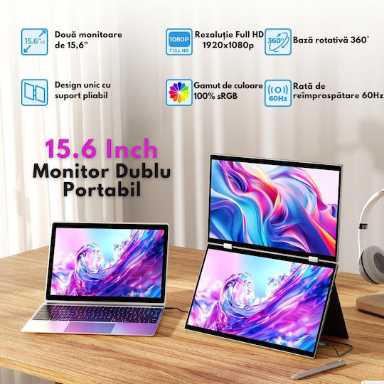 Monitor Portabil Pliabil Dual 15,6 Inch Fhd Laptop Extensor Ecran 1080p Qova Rotire 360° Usb-c Ecran Extensibil Laptop Încărcare Rapidă 65w Moduri Vertical Orizontal Compatibil Windows Mac Android Plug Play 100% Srgb