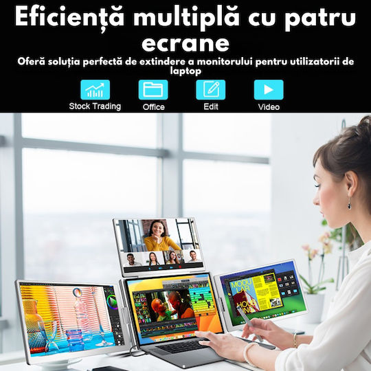 Monitor Portabil Extensibil Triplu Laptop Qova Ecran Quad 16 Inch 3 Ips 16:10 Ecrane Full Hd 1200p Pliabil Rotativ 360° Compatibil Windows Macbook Suport Reglabil Compatibil Laptopuri 12"-18,5" Srgb 100% Geantă Inclusă