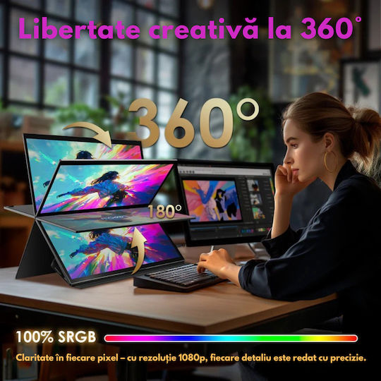 Monitor Portabil Pliabil Dual 15,6 Inch Fhd Laptop Extensor Ecran 1080p Qova Rotire 360° Usb-c Ecran Extensibil Laptop Încărcare Rapidă 65w Moduri Vertical Orizontal Compatibil Windows Mac Android Plug Play 100% Srgb