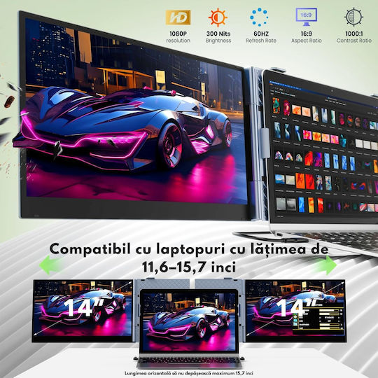 Monitor Portabil Extensibil Laptop Qova 14 Inch Extensie Ecran Dual Ips Full Hd 1920 × 1080 100% Srgb 300 Nits Ecran Mare 16:9 Extensor Ecran Compatibil Laptopuri 11.6–15.7” Pliabil Compatibil Ios Android Windows Mac