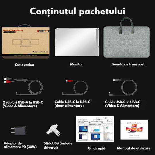 Monitor Portabil Extensibil Triplu Laptop Qova Ecran Quad 16 Inch 3 Ips 16:10 Ecrane Full Hd 1200p Pliabil Rotativ 360° Compatibil Windows Macbook Suport Reglabil Compatibil Laptopuri 12"-18,5" Srgb 100% Geantă Inclusă