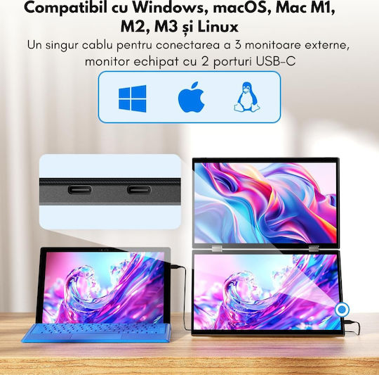 Monitor Portabil Pliabil Dual 15,6 Inch Fhd Laptop Extensor Ecran 1080p Qova Rotire 360° Usb-c Ecran Extensibil Laptop Încărcare Rapidă 65w Moduri Vertical Orizontal Compatibil Windows Mac Android Plug Play 100% Srgb