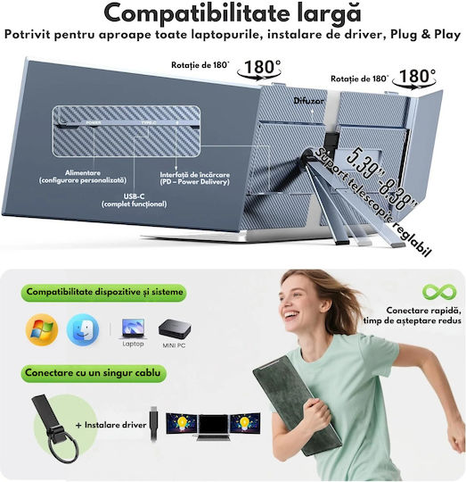 Monitor Portabil Extensibil Laptop Qova 14 Inch Extensie Ecran Dual Ips Full Hd 1920 × 1080 100% Srgb 300 Nits Ecran Mare 16:9 Extensor Ecran Compatibil Laptopuri 11.6–15.7” Pliabil Compatibil Ios Android Windows Mac