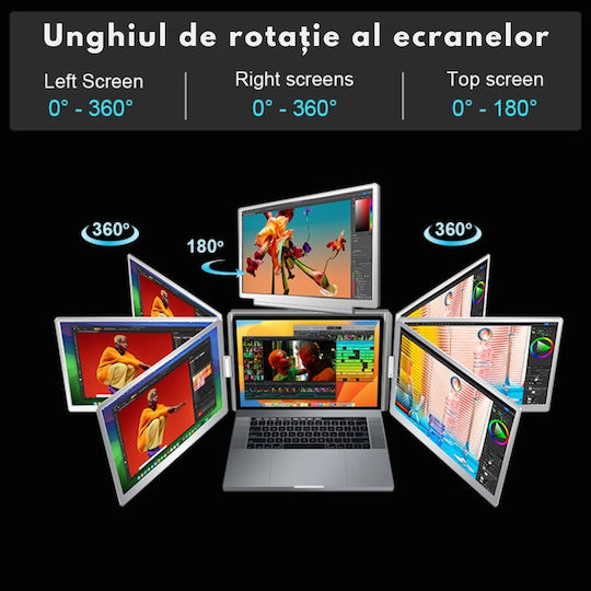 Monitor Portabil Extensibil Triplu Laptop Qova Ecran Quad 16 Inch 3 Ips 16:10 Ecrane Full Hd 1200p Pliabil Rotativ 360° Compatibil Windows Macbook Suport Reglabil Compatibil Laptopuri 12"-18,5" Srgb 100% Geantă Inclusă