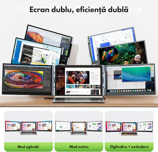 Monitor Portabil Extensibil Laptop Qova 14 Inch Extensie Ecran Dual Ips Full Hd 1920 × 1080 100% Srgb 300 Nits Ecran Mare 16:9 Extensor Ecran Compatibil Laptopuri 11.6–15.7” Pliabil Compatibil Ios Android Windows Mac
