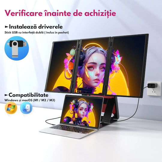 Monitor Portabil Triplu Extensibil Laptop Qova Quad Screen 3×15.6 Inch 3 Ecrane Full Hd Ips 1080p Suport Rotativ 360° Carcasă Integrată Extender Compatibil Windows Macos Conexiune Usb-c Hdmi Suport Reglabil