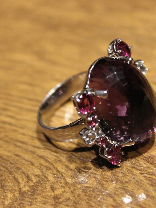 Artistic Silver Ring Natural Amethyst Garnets Aquamarines Size 18