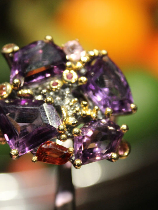 Artistic Silver Ring Natural Amethysts Spinels Garnet Size 22.5