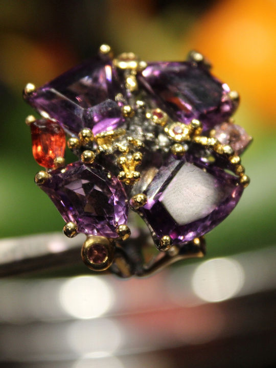 Artistic Silver Ring Natural Amethysts Spinels Garnet Size 22.5