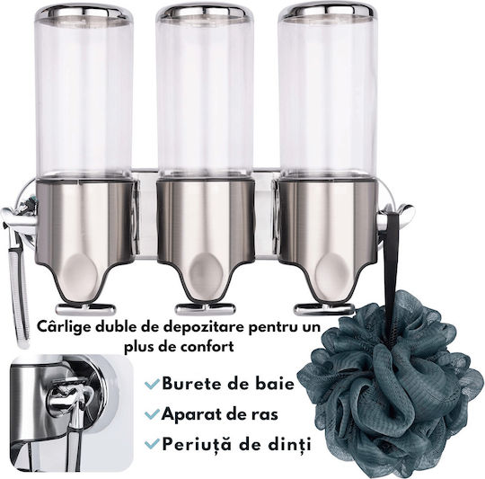 Dozator Triplu Pentru Săpun Șampon Balsam Instalare Fără Găurire Montat Pe Perete – Organizator Reîncărcabil 3 Sticle 450 Ml Oțel Inoxidabil Cârlige Duble Accesorii Baie – Dasbo