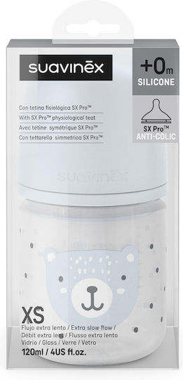 Suavinex Glass Baby Bottle Anti-Colic with Silicone Nipple for 0+, 0+ m, months Blue 120ml