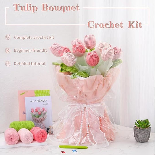 Komplet Für Anfänger Und Fortgeschrittene Bastelset Für Häkeln Verschiedenes Bastelbedarf Zubehör Faden Werkzeuge Anleitung Inklusive Dekoratives Modell Handgemachter Blumenstrauß Tulpen Rosa 38 X 26 Cm
