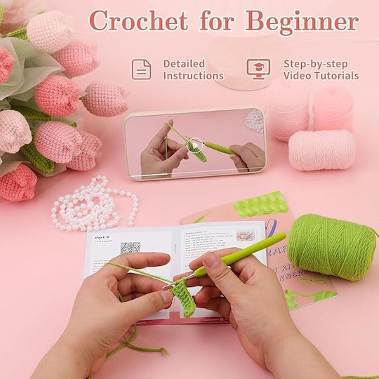 Komplet Für Anfänger Und Fortgeschrittene Bastelset Für Häkeln Verschiedenes Bastelbedarf Zubehör Faden Werkzeuge Anleitung Inklusive Dekoratives Modell Handgemachter Blumenstrauß Tulpen Rosa 38 X 26 Cm