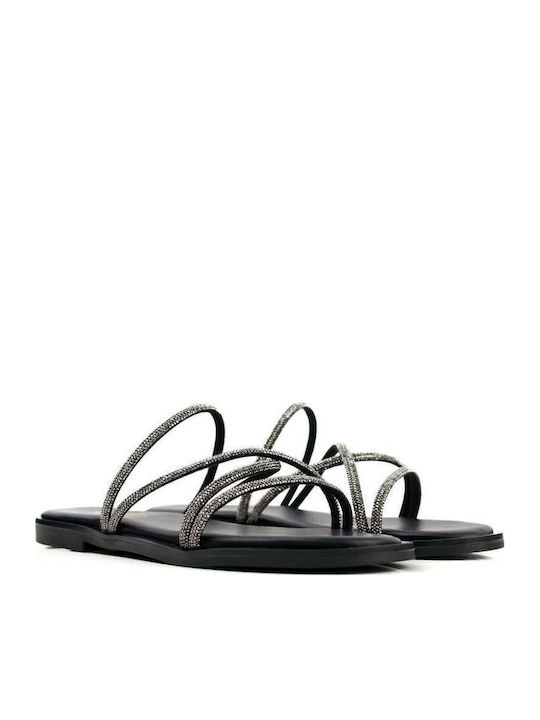Black Slippers Made In Greece Glitter Straps