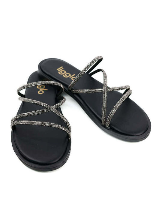 Black Slippers Made In Greece Glitter Straps