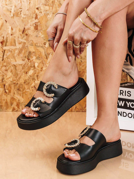 Μαύρα Flatforms Διπλά Ρυθμιζόμενα Λουριά Στρας