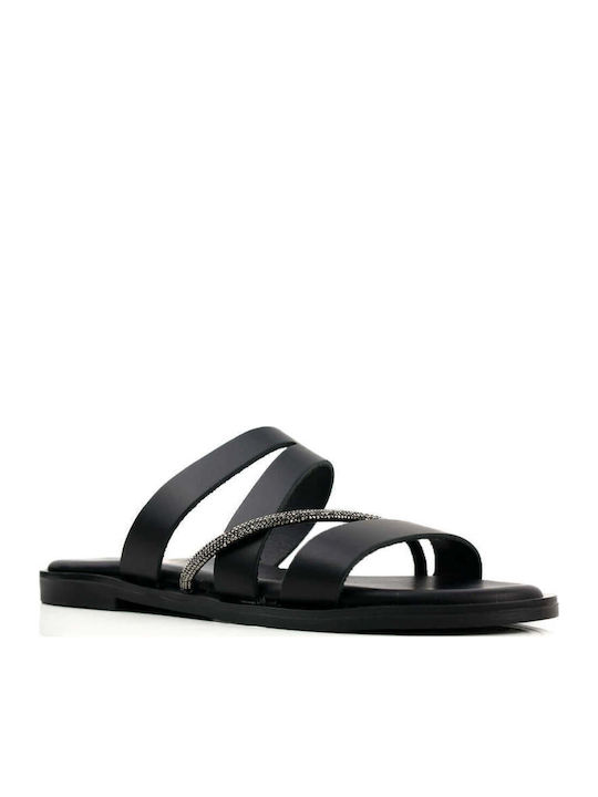 Black Slippers Wide Straps Rhinestone Strip