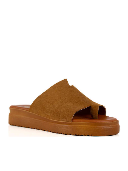 Tabac Brown Leather Flatform Sandals Suede Texture