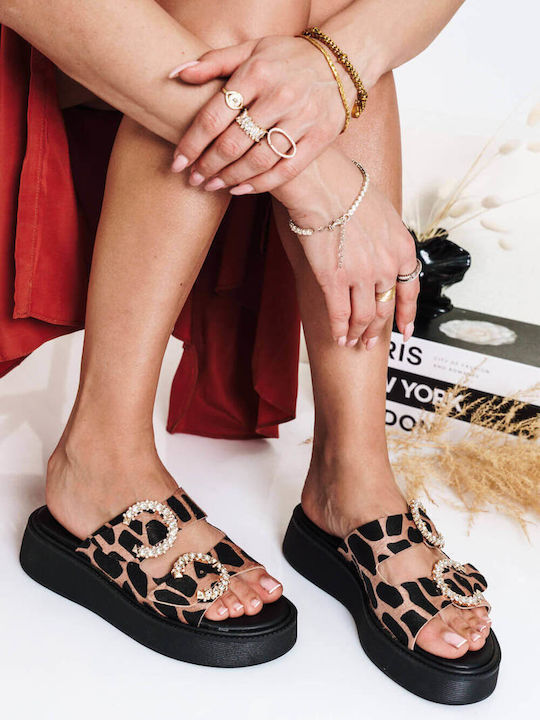 Beige Print Flatforms Double Adjustable Straps Rhinestones