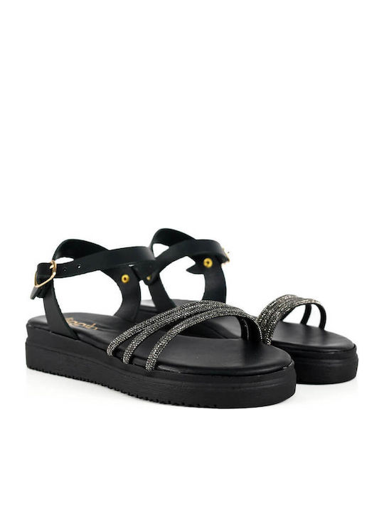 Μαύρα Δερμάτινα Flatforms Λεπτά Λουριά Στρας