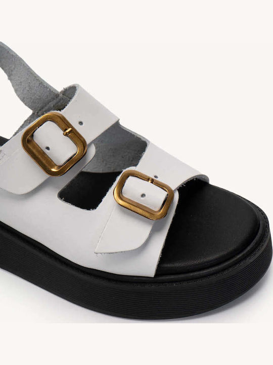 White Leather Flatforms With Double Adjustable Straps