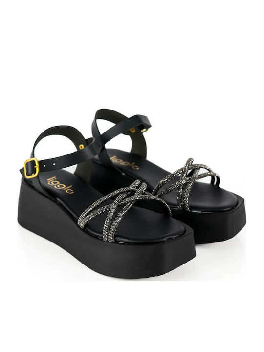 Μαύρα Flatforms Λεπτά Λουριά Strass