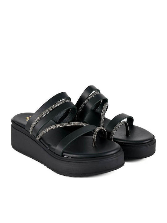 Черни Кожени Flatforms Тънки Метализирани Презрамки