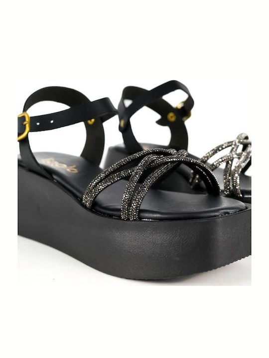 Μαύρα Flatforms Λεπτά Λουριά Strass