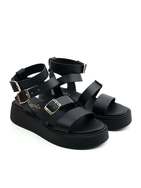 Black Leather Flatforms With Triple Adjustable Straps
