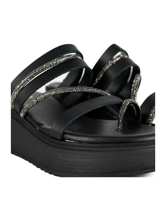 Черни Кожени Flatforms Тънки Метализирани Презрамки