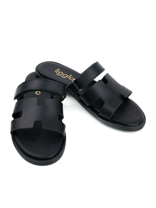 Black Leather Slippers With Adhesive Closure