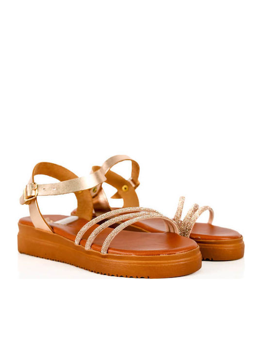 Flatforme Din Piele Bronz Cu Bretele Subțiri Ștrasuri