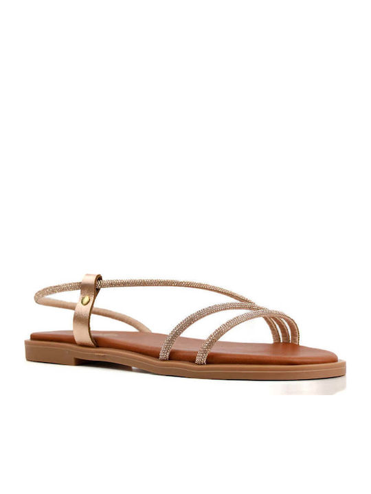Bronze Leather Sandals With Rhinestones Without Buckle