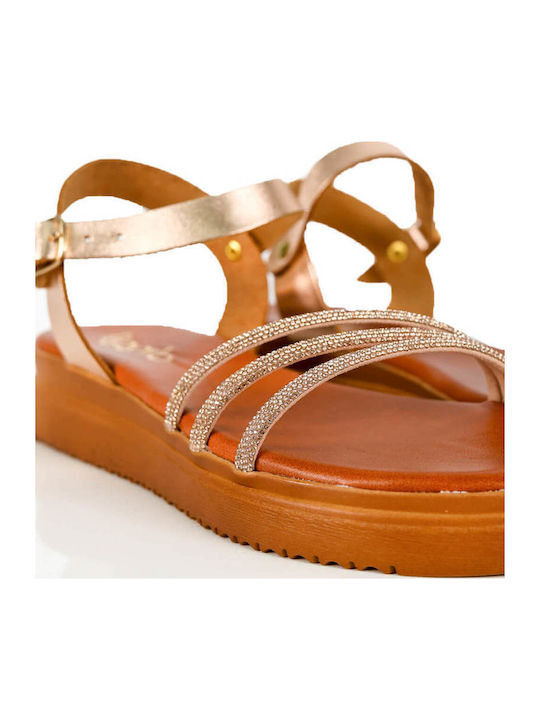 Flatforme Din Piele Bronz Cu Bretele Subțiri Ștrasuri