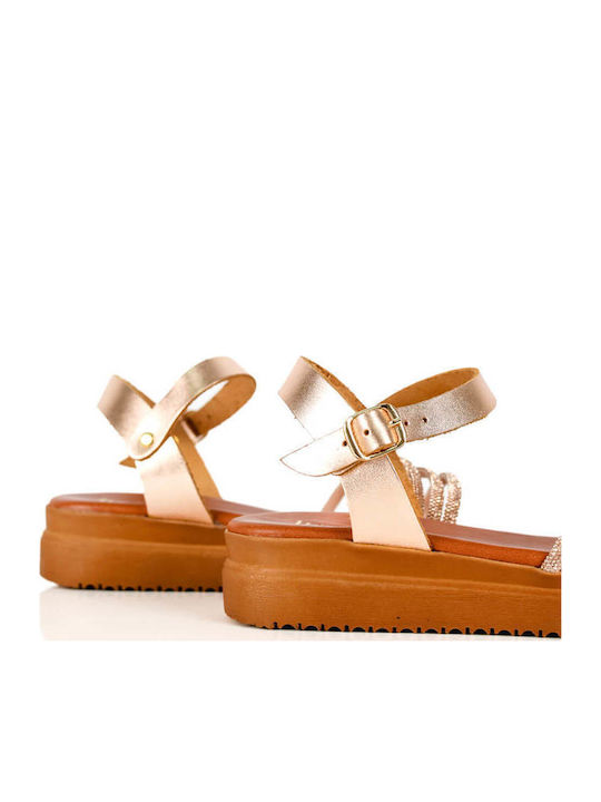 Flatforme Din Piele Bronz Cu Bretele Subțiri Ștrasuri