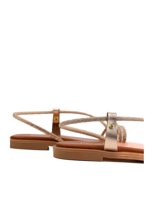 Bronze Leather Sandals With Rhinestones Without Buckle