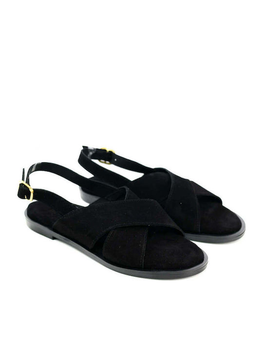 Schwarze Leder Crossover Flatforms Damen Sandalen