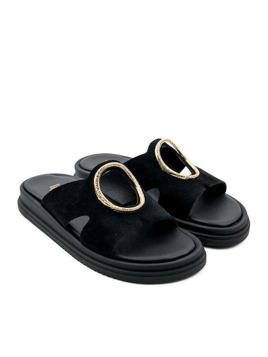 Flatforme Casual Damă Negre Papuci Oval Element Metalic