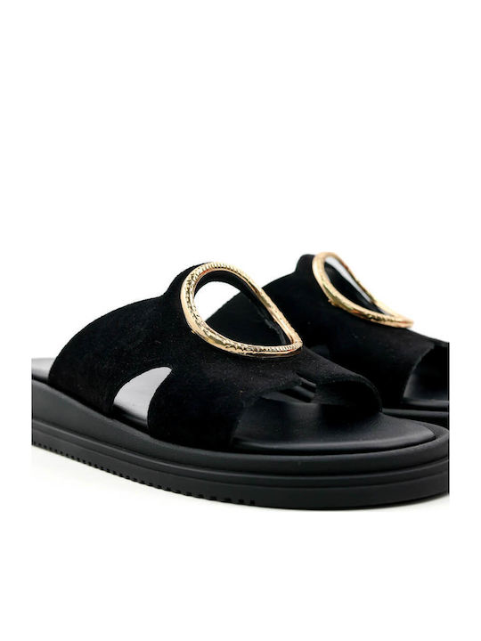 Flatforme Casual Damă Negre Papuci Oval Element Metalic