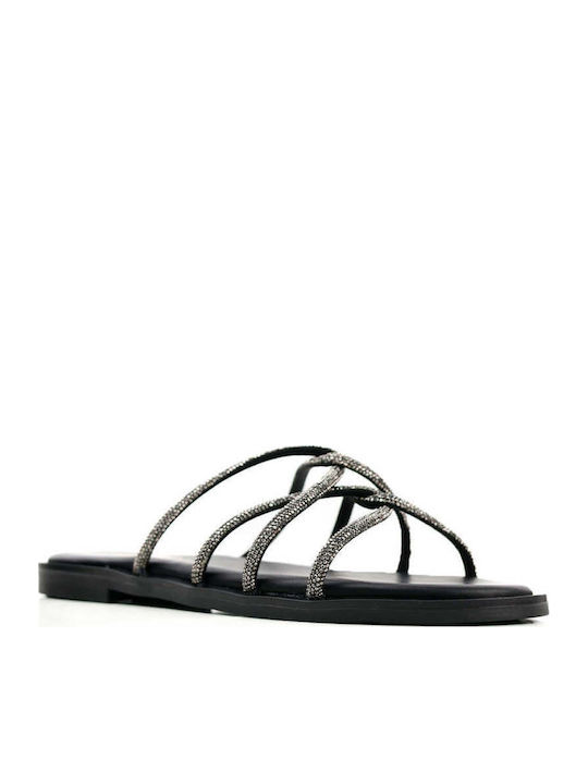 Black Glitter Mesh Slippers Thin Straps